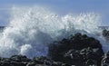 Gigantic Turquoise Swells crashing into black lava cliffs on a blue sky summer day in Sicily