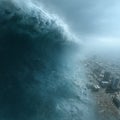 Gigantic wave approaching a coastal city, threatening disaster. Royalty Free Stock Photo