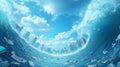 Gigantic wave filled with floating plastic debris approaching a city skyline Royalty Free Stock Photo