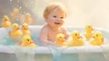 A giggling young child immersed in a warm bath, encircled by a fleet of adorable rubber duckies Royalty Free Stock Photo