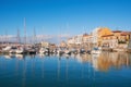 Gijon cityscape. Yatchs in marina port of Gijon, Asturias, Spain