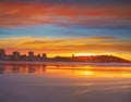 Gijon skyline sunset in San Lorenzo beach Asturias Royalty Free Stock Photo