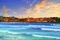 Gijon skyline sunset in San Lorenzo beach Asturias Royalty Free Stock Photo