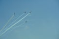 Gijon, Spain - July 24, 2022. Pioneer Team, Italian aerobatic team making an exhibition with fireworks during Gijon International