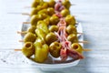 Gilda pinchos with olives and anchovies tapas Royalty Free Stock Photo