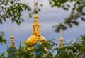 Golden bell towers of the Russian Orthodox Church in Tobolsk-beautiful old Russian stone architecture of the middle ages, Siberia