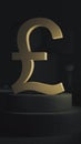 Gilded British pound sterling symbol is set on a concrete plinth against a background of abstract shapes. Minimalistic realistic