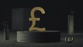 Gilded British pound sterling symbol is set on a concrete plinth against a background of abstract shapes and symbols of other