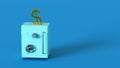 Gilded dollar symbol descends into a safe on a blue background with space for text or logo. Finance concept. Savings, accumulation
