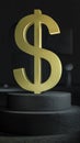 Gilded dollar symbol is set on a concrete plinth against a background of abstract shapes. Minimalistic realistic style.