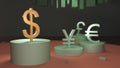 Gilded dollar symbol stands on a plinth against the background of other currencies. 3D rendering.