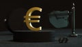 Gilded euro symbol is set on a concrete plinth against a background of abstract figures and symbols of other currencies.