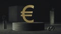 Gilded euro symbol is set on a concrete plinth against a background of abstract figures and symbols of other currencies.