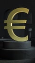 Gilded Euro symbol is set on a concrete plinth against a background of abstract shapes. Minimalistic realistic style.