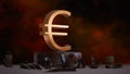 Gilded euro symbol stands on an old pedestal surrounded by rusty symbols of other currencies against a red sky with clouds.