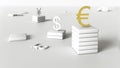 Gilded euro symbol stands on a pedestal surrounded by symbols of other currencies on a neutral gray background. Finance concept.