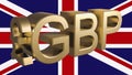 Gilded GBP pound sterling symbol against the background of the UK flag. Finance concept. Royalty Free Stock Photo