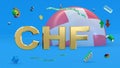 Gilded letters CHF against the background of a fragment of the flag of Switzerland, abstract multi-colored shapes, arrows,