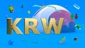 Gilded letters KRW against the background of a fragment of the flag of Korea, abstract multi-colored shapes, arrows, currency
