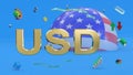 Gilded letters USD against the background of a fragment of the flag of USA, abstract multi-colored shapes, arrows, currency