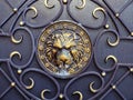Gilded lion head with forged ornament on a black iron surface