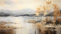 Gilded Mountain Lakeside Landscape Oil Painting, Nature Travel Camping Hiking Fine Art, Tourism Wallpapers, Poster Backgrounds