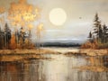 Gilded Mountain Lakeside Landscape Oil Painting, Nature Travel Camping Hiking Fine Art, Tourism Wallpapers, Poster Backgrounds