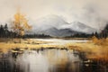Gilded Mountain Lakeside Landscape Oil Painting, Nature Travel Camping Hiking Fine Art, Tourism Wallpapers, Poster Backgrounds