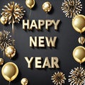 Gilded New Year Celebration Shimmering Sign and Festive Elements Happy New Year