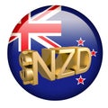 Gilded NZD dollar symbol against the background of the New Zealand flag. Finance concept. Rendering 3D.