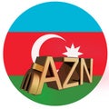 Gilded symbol of AZN manat against the background of the flag of Azerbaijan. Finance concept. Rendering 3D.