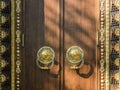 Gilding and monumental tree. entrance, gates, doors to a Buddhist temple. the concept of reliable protection