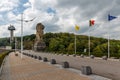 Gileppe dam in Belgium with footpath, watch-tower and monumental Lion