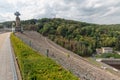 Gileppe dam in Belgium with footpath, watch-tower and monumental Lion