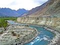 view of Gilgit River, near town of Gilgit, Pakistan
