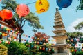 Gilsangsa temple stone tower with Buddha`s Birthday colorful lanterns in Seoul, Korea Royalty Free Stock Photo