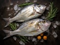 Gilt-head bream (dorade) and rosemary on ice top view.