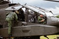 GILZE-RIJEN, NETHERLANDS - JUN 20, 2014: Pilot and gunner in an AH-64 Apache attack helicopter