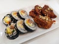 Gimbap or kimbap, korean stuffed rolls and fried chicken traditional asian food.
