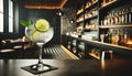 Gimlet with a twist of lime, served on a modern bar counter, focus on the citrus garnish, sleek bar background.. AI