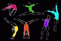 Silhouettes of girls practicing gymnastics, various movement poses