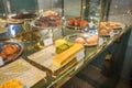 Gimpo,South Korea-Juny 2019: Various cakes and pastry inside a transparent cabinet in Korean bakery