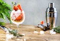 Gin bitter grapefruit cocktail drink with dry gin, tonic, thyme and ice, steel bar tools. Gray background with copy space Royalty Free Stock Photo