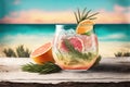 Gin cocktail with pink grapefruit at beach. Generative AI illustration Royalty Free Stock Photo