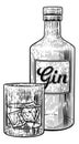 Gin Bottle Glass and Ice Vintage Etching Style Royalty Free Stock Photo