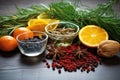 gin ingredients displayed: juniper berries, citrus peels, herbs