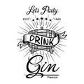 Gin label vintage hand drawn border typography blackboard vector. Alcohol. Wooden barrels drinks signs. Typographic badges with sk Royalty Free Stock Photo