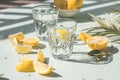 Gin tonic alcoholic cocktail drink with dry gin, bitter tonic, lemon juice. Wooden table background with copy space