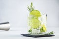 Gin tonic classic alcoholic cocktail drink with dry gin, bitter tonic, lime and ice, bar tools. Gray table background with copy