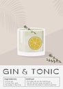 Gin Tonic Cocktail garnished with slice of lime and rosemary twigs. Summer aperitif trendy poster. Minimalist print with